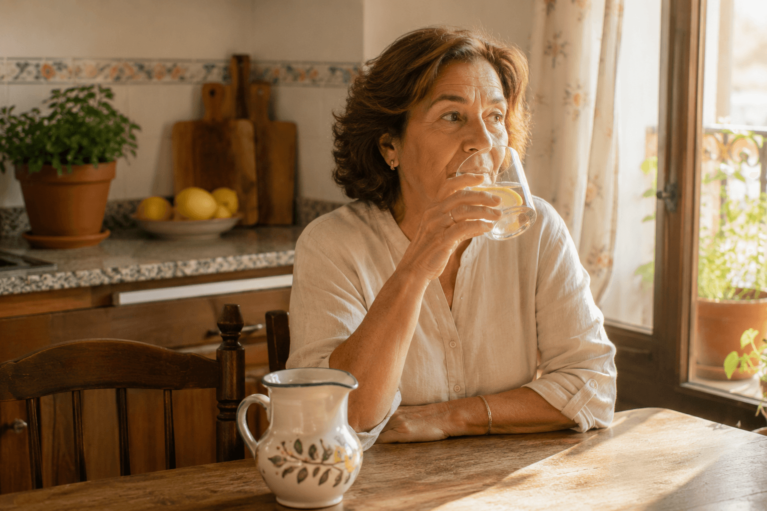 Mujer mayor disfrutando de un momento tranquilo por la mañana